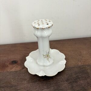 Vintage Porcelain Hat Pin Holder Shabby‎ Chic White Gold Floral Pattern Unmarked